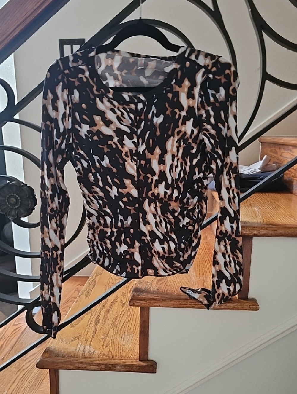 Free People Animal Print Long Sleeve Top - Black, Brown & White